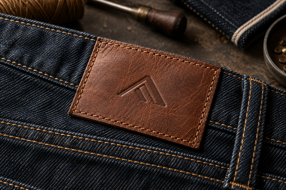 Üretimi tamamlanmış deri etiketin denim ürün üzerindeki uygulaması